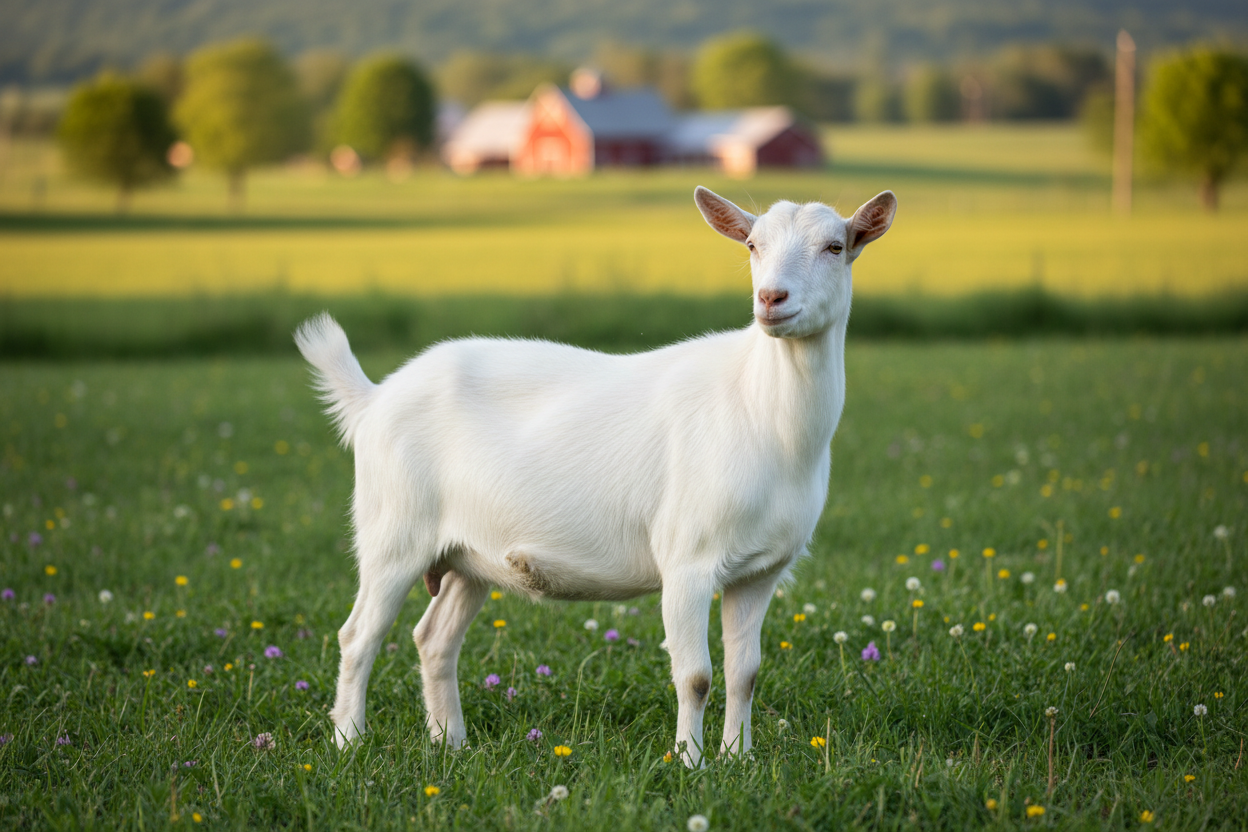 Organic goat milk powder production — Saanen herd grazing on natural pasture